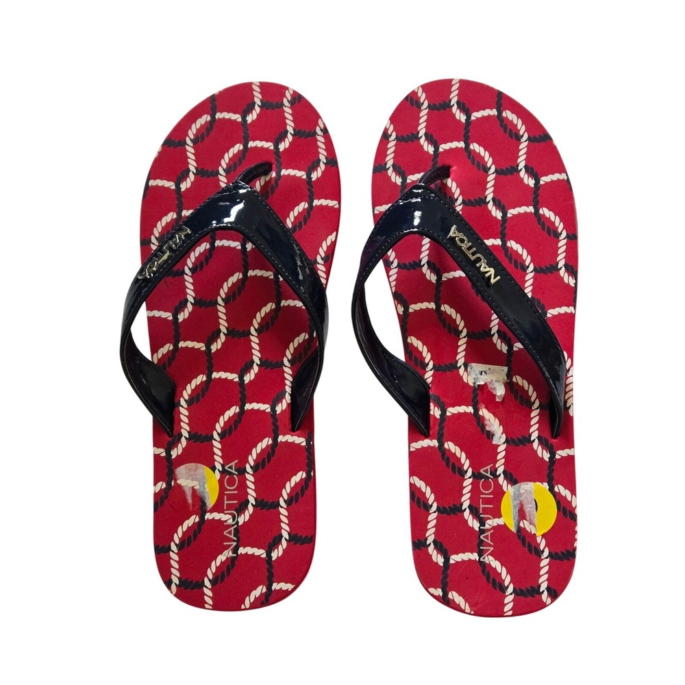 NWOT Nautica Red Rope Print Flip Flop Sandals Black Patent Womens - Picture 3 of 5